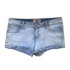 Light Blue Wash Iris Jeans Cut Off Stretch Denim Short Shorts  Distressed Size 9